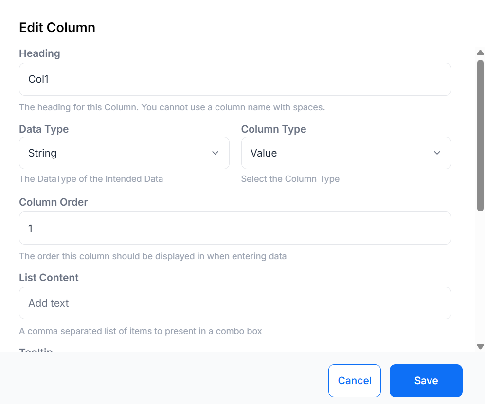 DataSet Columns Form