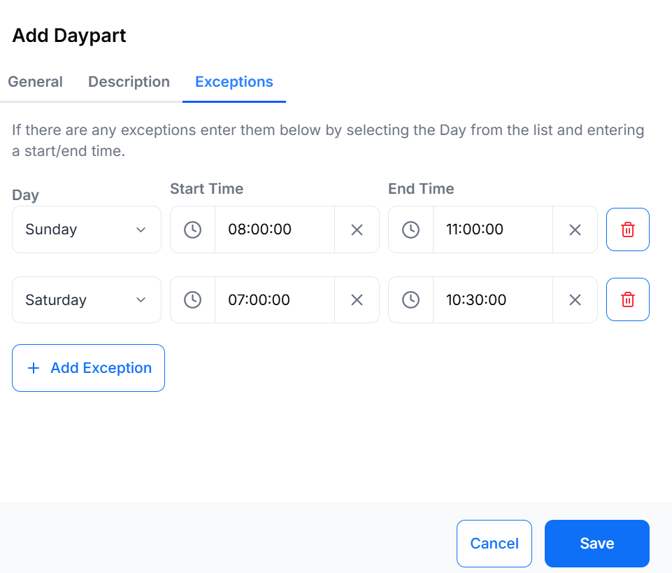 Daypart form exceptions tab